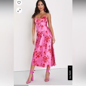 Lulus-Glamorous Efforts Hot Pink Floral Print Tie-Back Midi Dress - XS